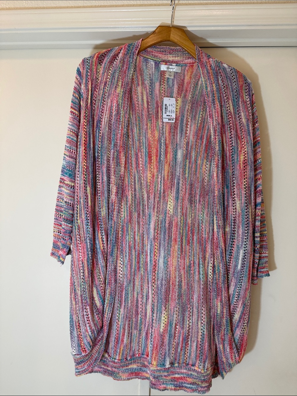 CJ Banks Multicolor Open-Front Knit Cardigan - Pink, Blue, Yellow